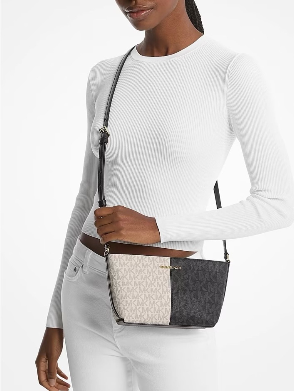 Michael Kors Jet Set Black Cream MK Signature Logo Shoulder Crossbody Bag - Picture 4 of 13